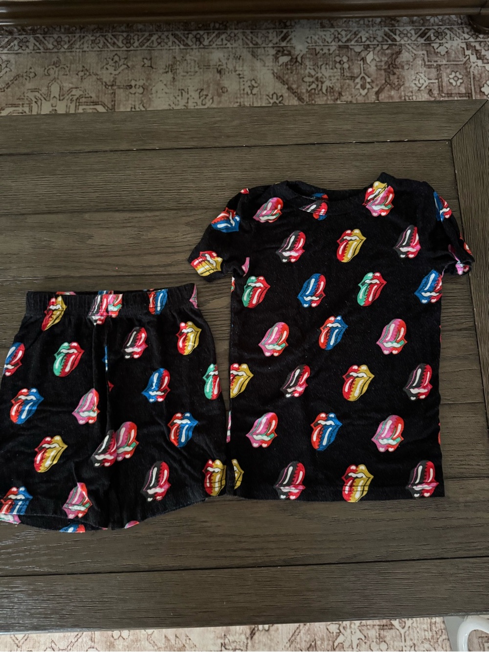 Kids Black Pajama Set with Colorful Tongue Print Rolling Stones